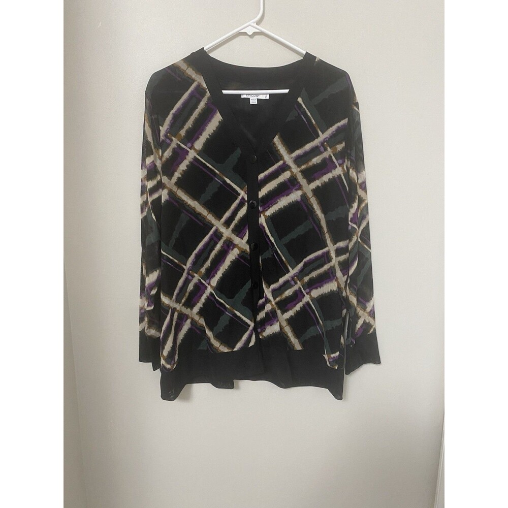 Chicos Lightweight Plaid Mesh Cardigan XL Multicolor